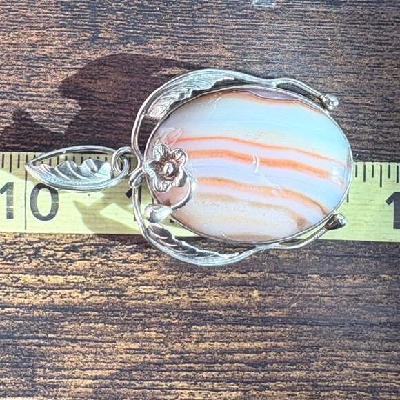 VTG Sterling Silver 925 Banded Agate Leaf Design Pendant Size 2.5" Length - Picture 9 of 11